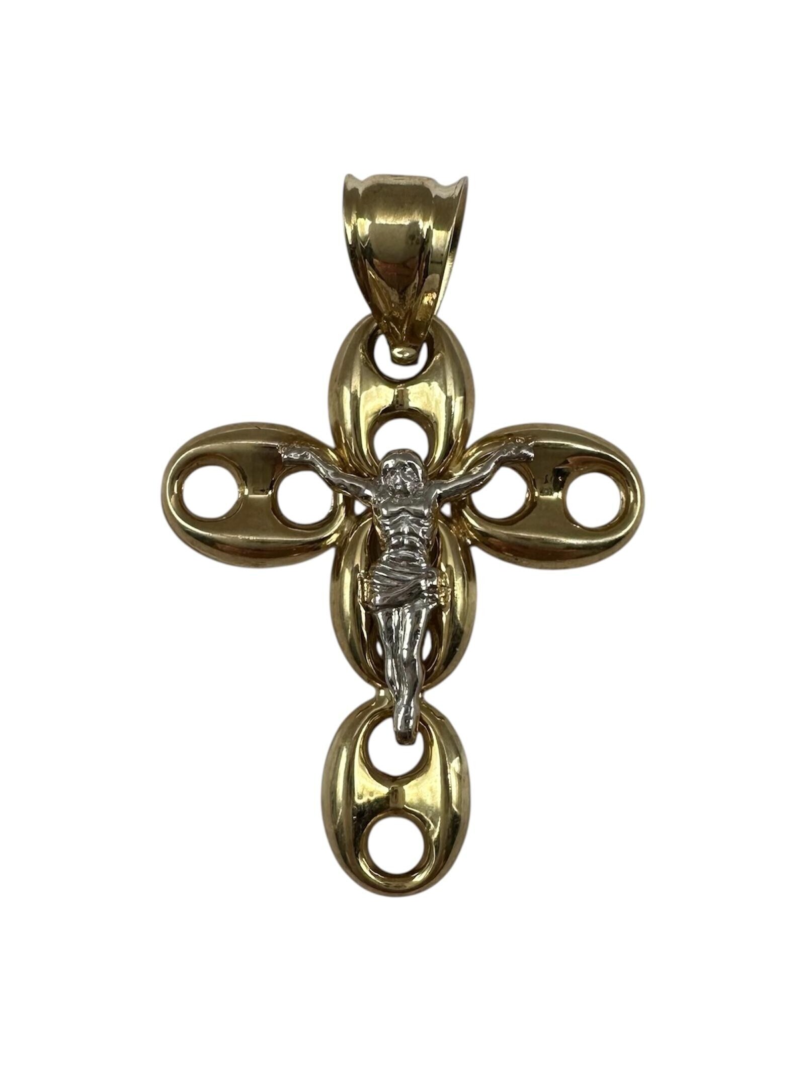 Puff Cross Pendant In 14kt Two Tone Gold Hollow, New